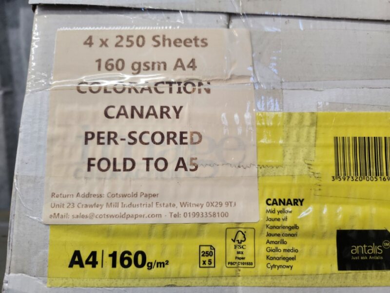 1000 sheets of A4 160gsm A4 COLORACTION CANARY YELLOW Pre-Scored Fold ...
